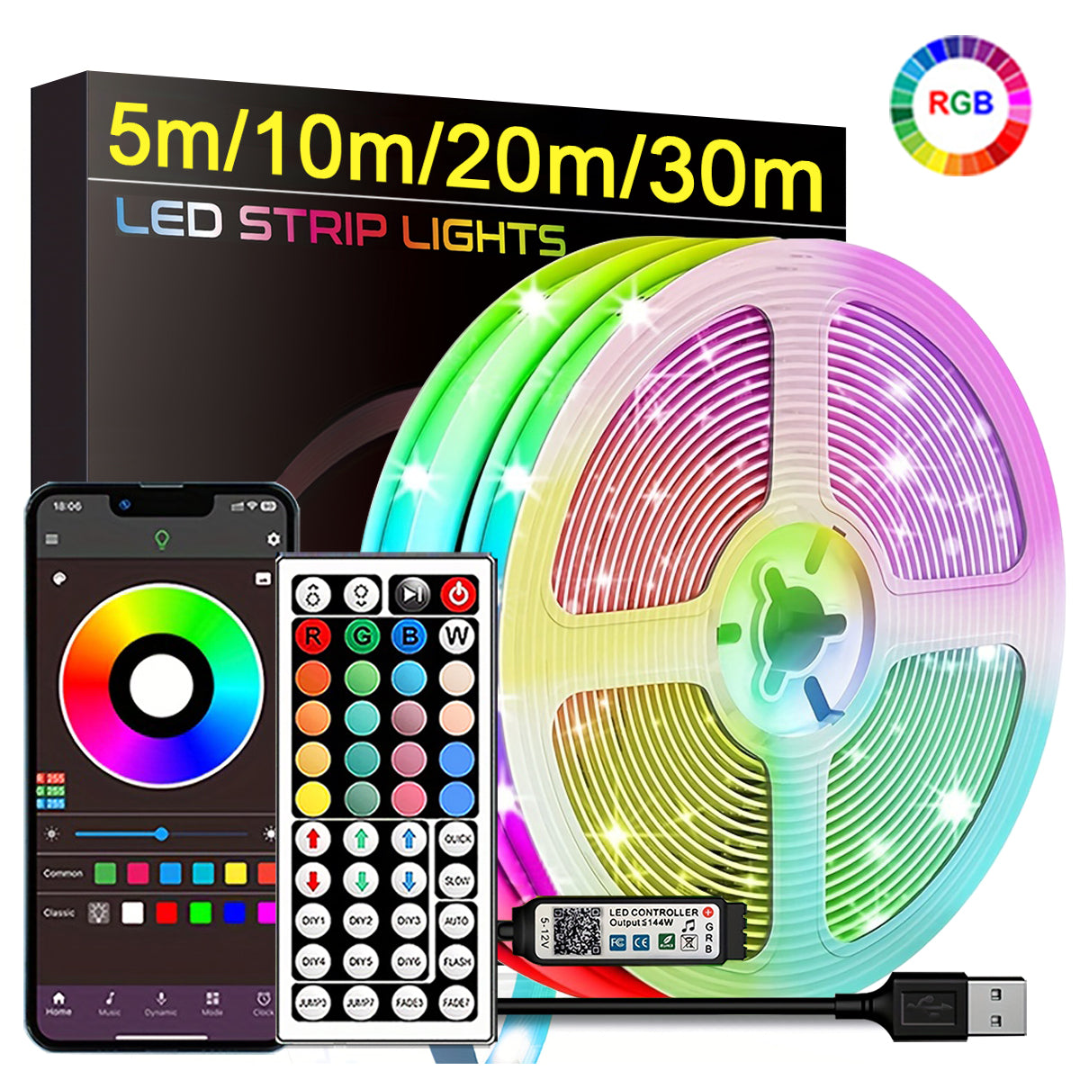 Fita LED RGB USB, cerca de 5 metros