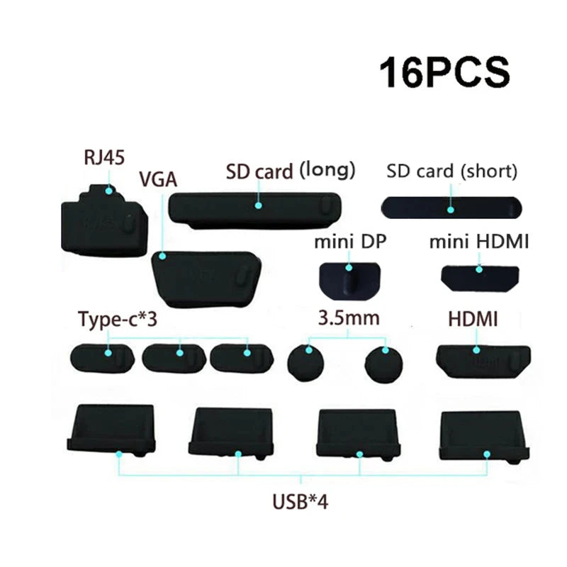 Tampas Anti-Pó em Silicone para Portas do Portátil, 16 Peças
