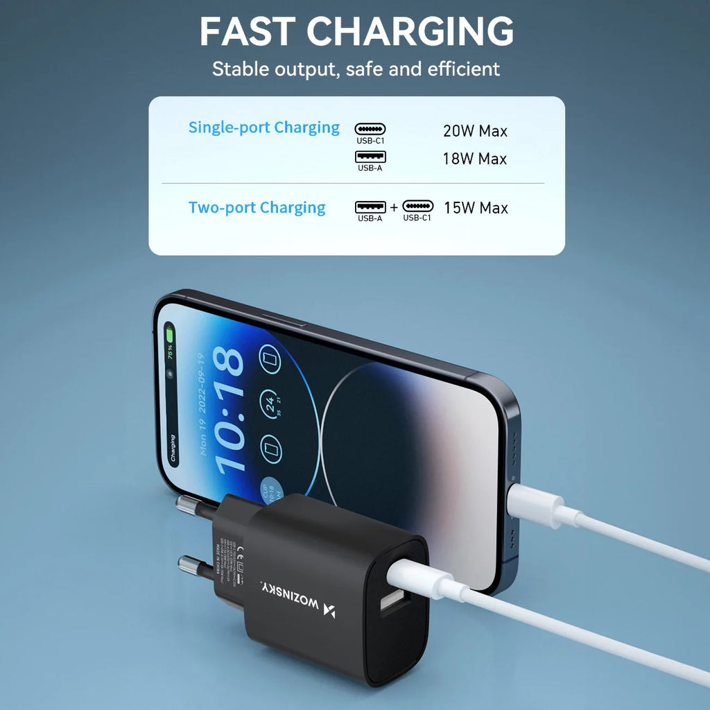 Wozinsky WGWCB Carregador de Parede USB-A USB-C 20W / Preto