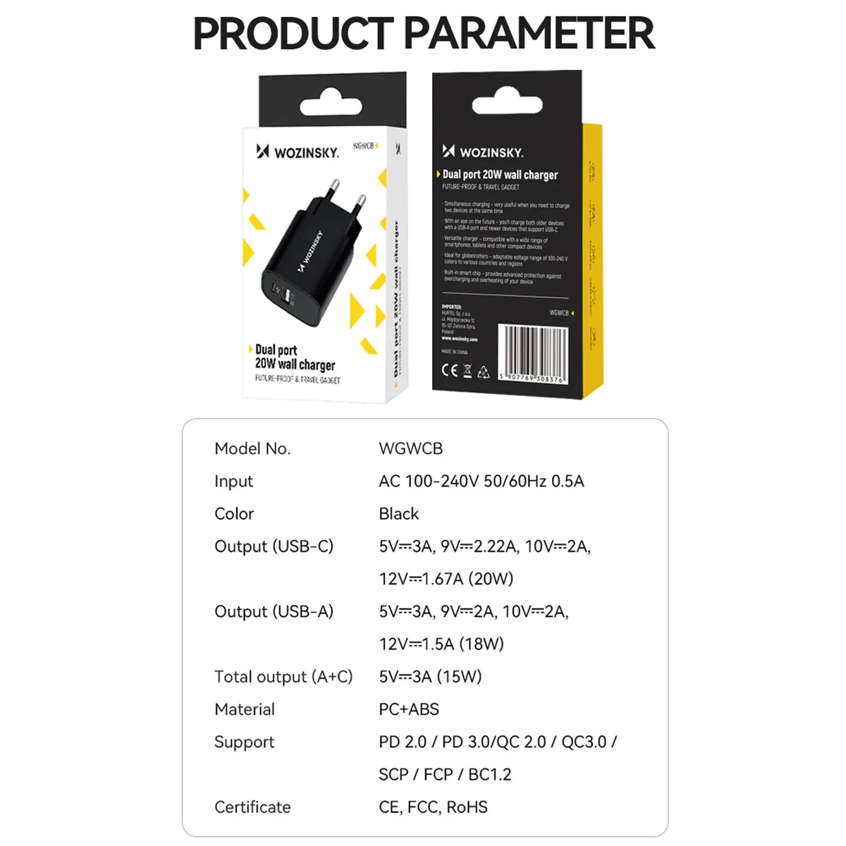 Wozinsky WGWCB Carregador de Parede USB-A USB-C 20W / Preto