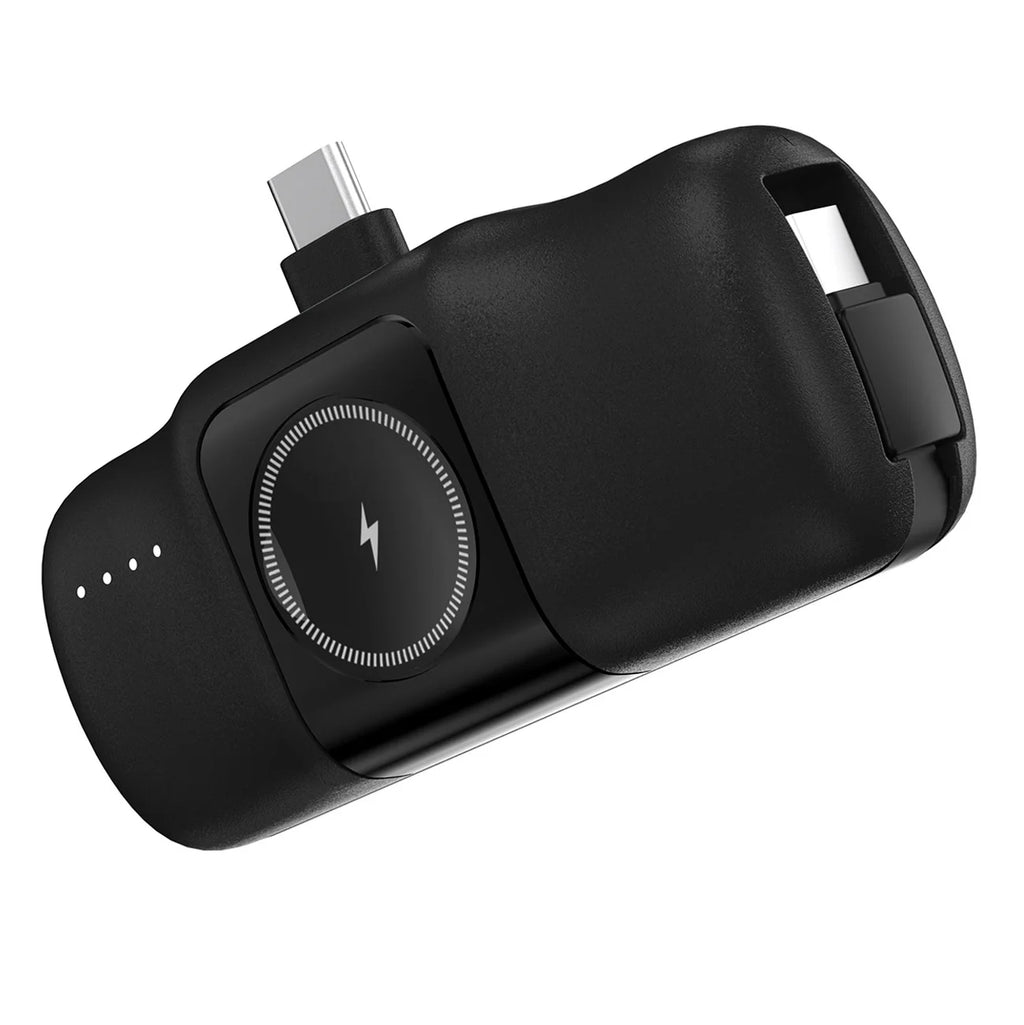 Mini Power Bank Wozinsky WF16-YCS Preta / 5000mAh / 15W / USB-C / com Cabo USB-C Integrado e Carregador para Apple Watch
