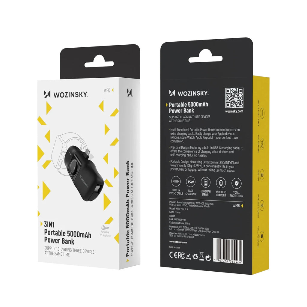 Mini Power Bank Wozinsky WF16-YCS Preta / 5000mAh / 15W / USB-C / com Cabo USB-C Integrado e Carregador para Apple Watch
