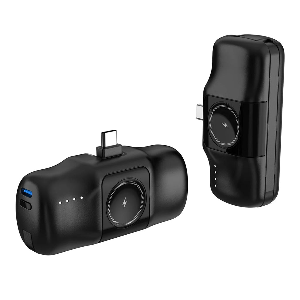 Mini Power Bank Wozinsky WF16-YCS Preta / 5000mAh / 15W / USB-C / com Cabo USB-C Integrado e Carregador para Apple Watch