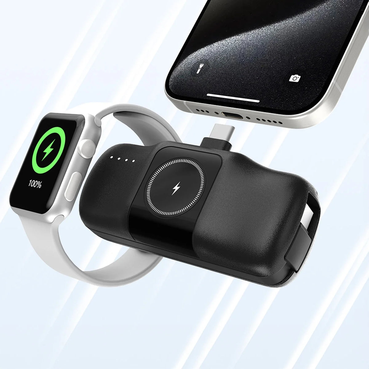 Mini Power Bank Wozinsky WF16-YCS Preta / 5000mAh / 15W / USB-C / com Cabo USB-C Integrado e Carregador para Apple Watch