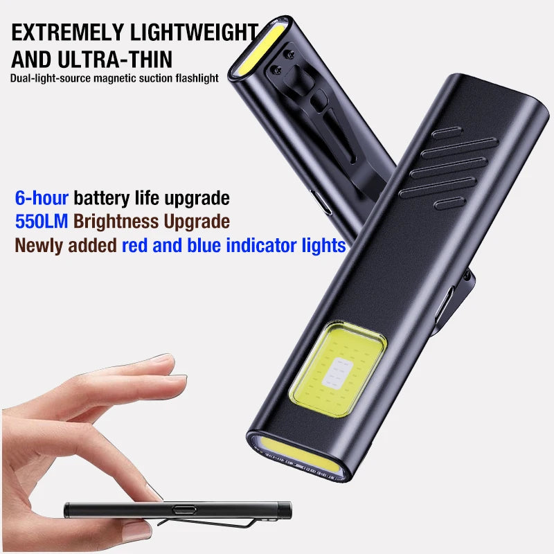 Mini Luz de Clip COB Recarregável, com Luz Vermelha Intermitente