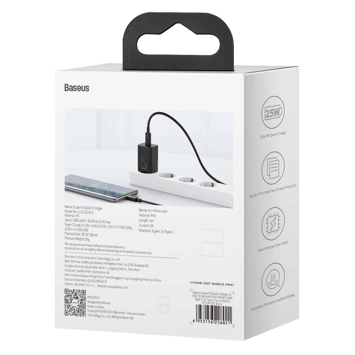 Carregador Baseus Super Si QC 3.0 PD 25W 3A + Cabo USB-C 1 m, Preto