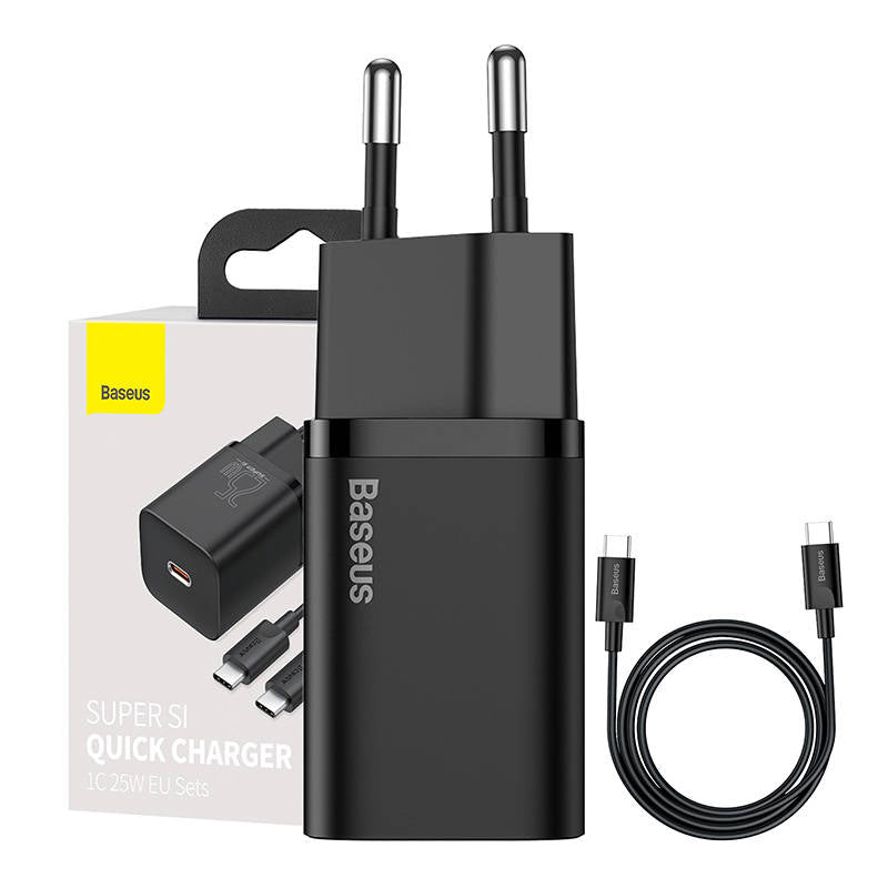 Carregador Baseus Super Si QC 3.0 PD 25W 3A + Cabo USB-C 1 m, Preto