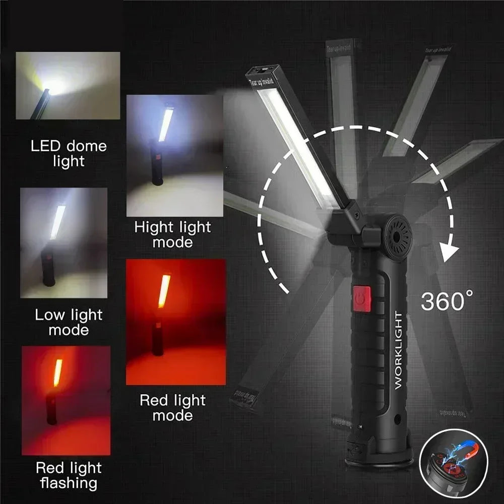 Luz de Trabalho COB Dobrável, com Íman e Gancho, Recarregável