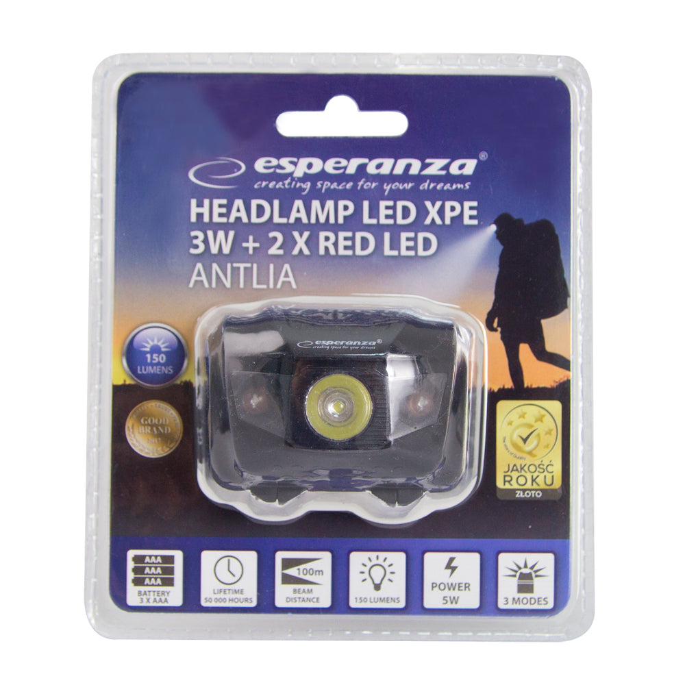 Lanterna de Cabeça LED Esperanza Antlia 5W + 2 LEDs Vermelhos (3x pilhas AAA não incluídas)