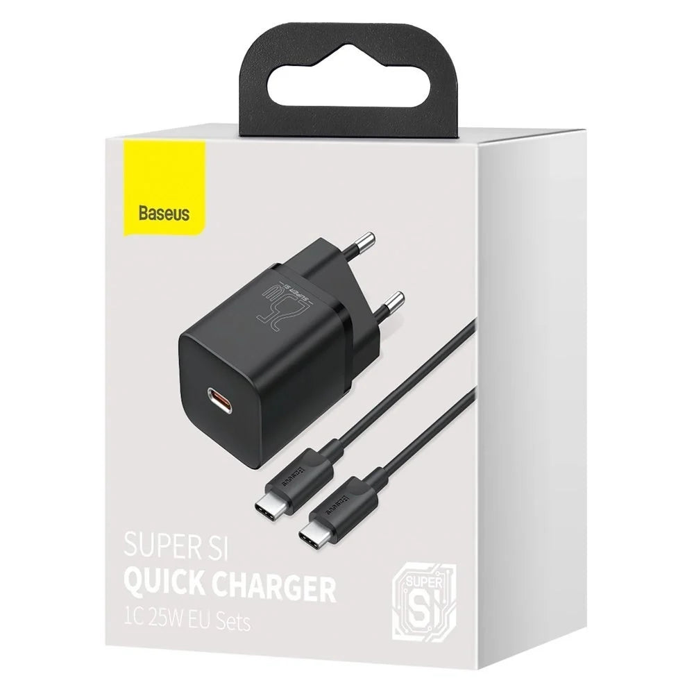 Carregador Baseus Super Si QC 3.0 PD 25W 3A + Cabo USB-C 1 m, Preto