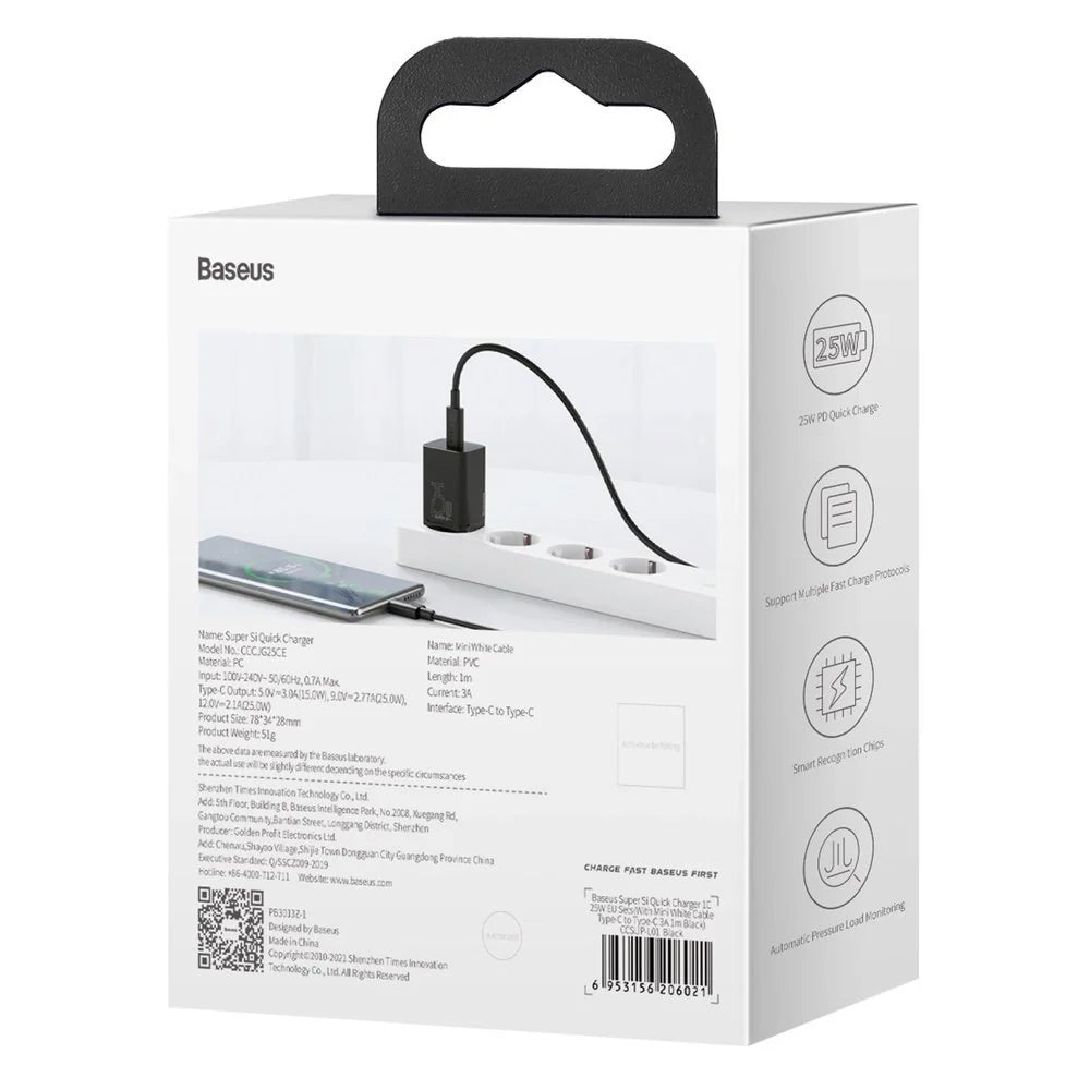 Carregador Baseus Super Si QC 3.0 PD 25W 3A + Cabo USB-C 1 m, Preto