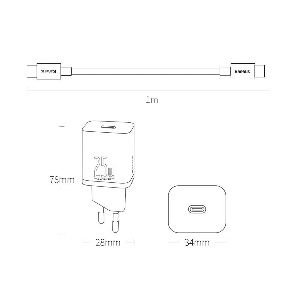 Carregador Baseus Super Si QC 3.0 PD 25W 3A + Cabo USB-C 1 m, Preto