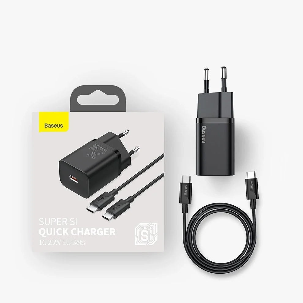 Carregador Baseus Super Si QC 3.0 PD 25W 3A + Cabo USB-C 1 m, Preto