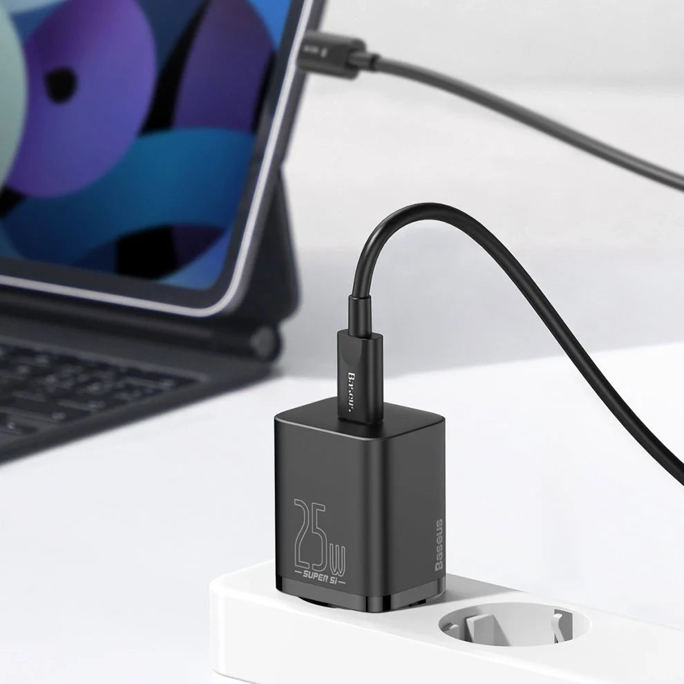 Carregador Baseus Super Si QC 3.0 PD 25W 3A + Cabo USB-C 1 m, Preto