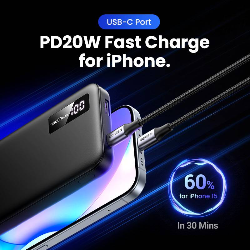 Powerbank UGREEN PB311 PD 20W 10000mAh Carregamento Rápido, Preta