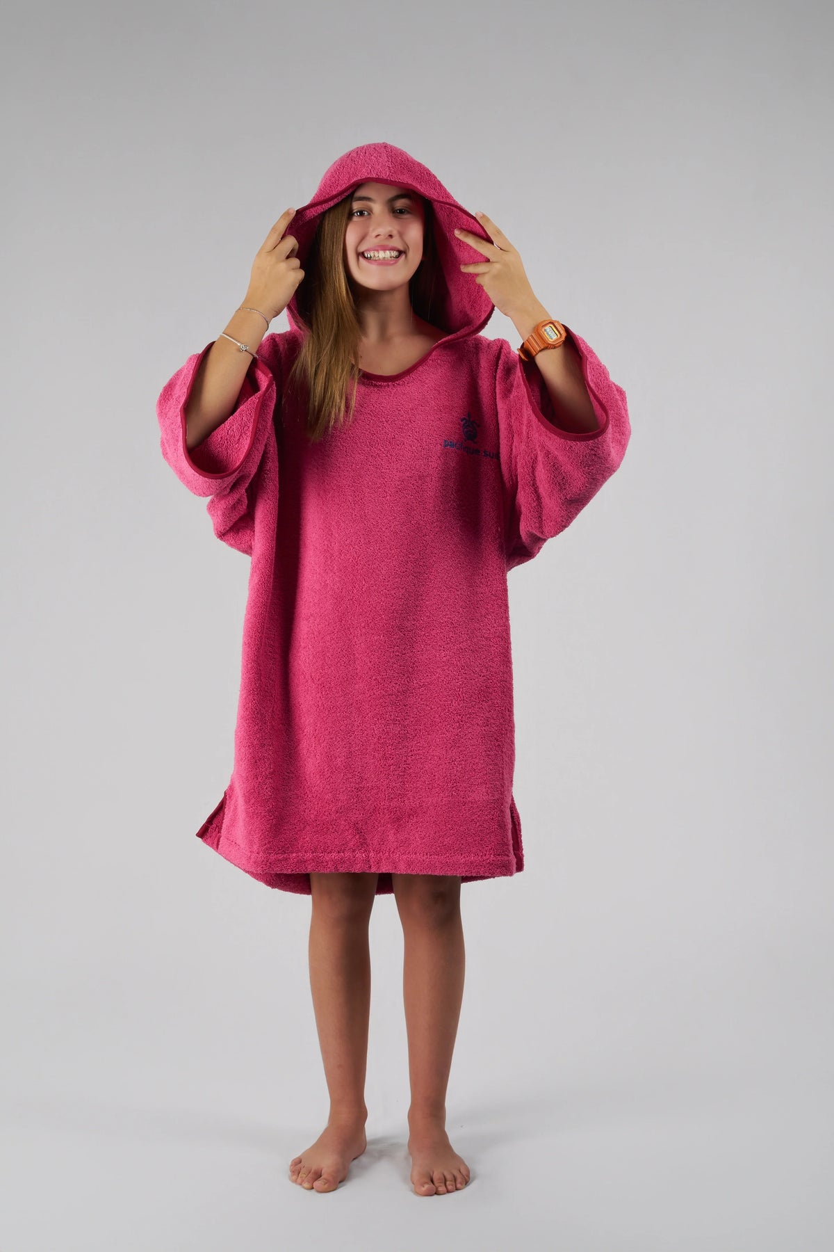 Poncho de Surf Júnior Pacifique Sud em Algodão com Mangas – Rosa