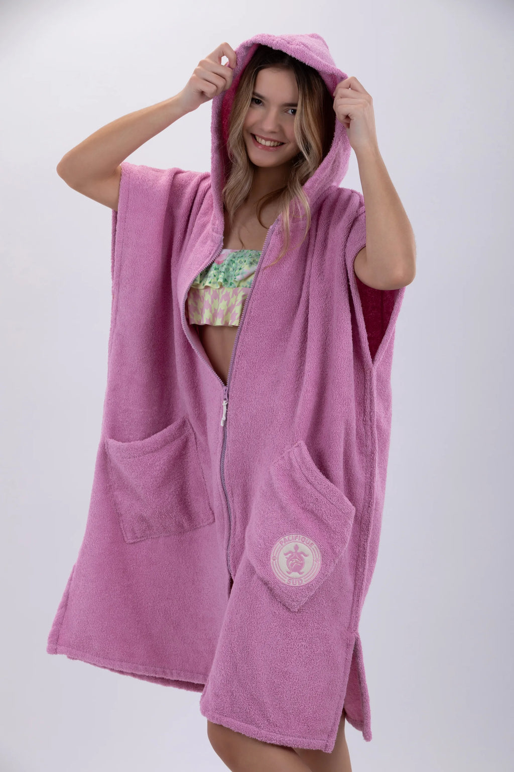 Poncho de Surf Pacifique Sud em Algodão sem Mangas com Fecho – Rosa, Tamanho Único