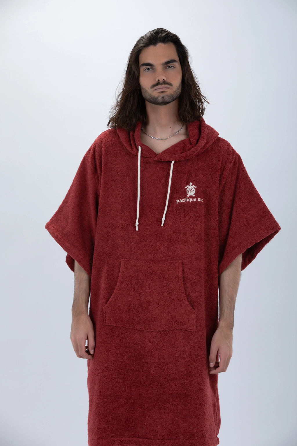 Poncho de Surf Pacifique Sud em Algodão com Mangas – Bordô, Tamanho Único