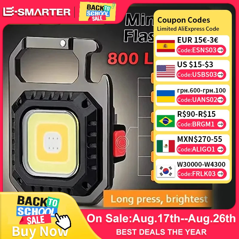 Mini Lanterna COB Magnética Recarregável, 800 Lúmens