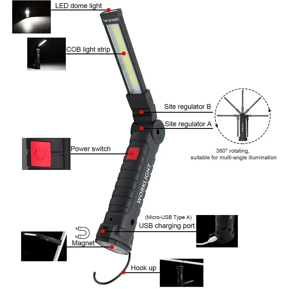 Luz de Trabalho COB Dobrável, com Íman e Gancho, Recarregável